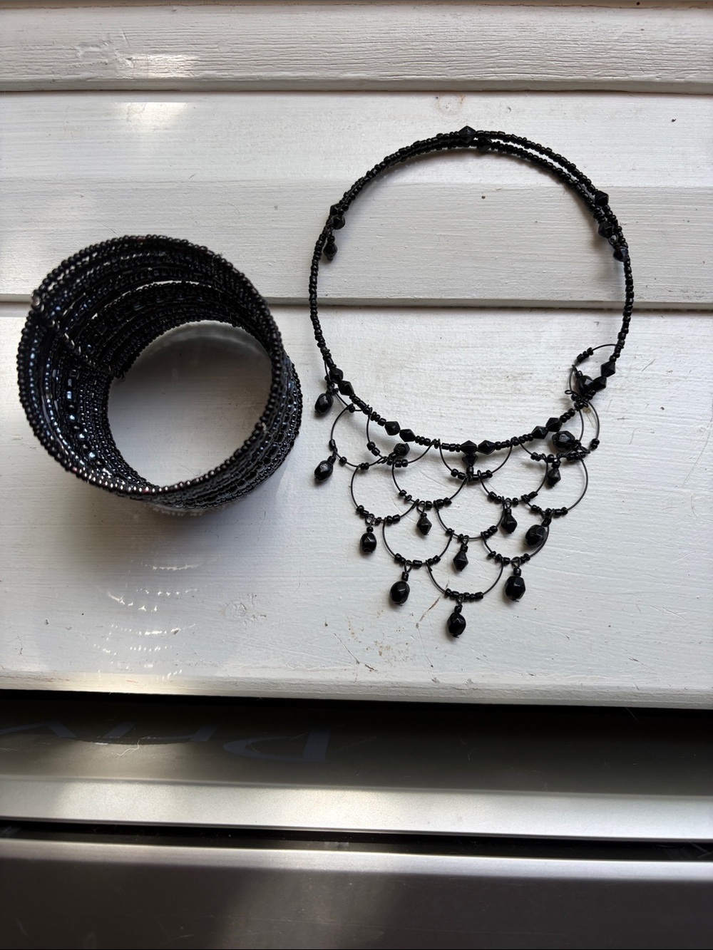 Black Beaded Statement Necklace and Bangle Set